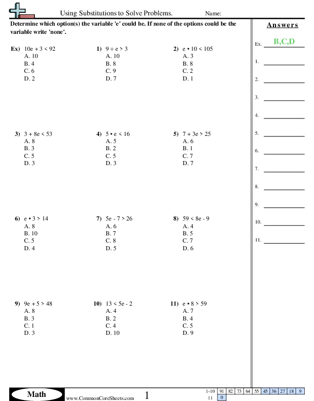 6.ee.5 Worksheets - Using Substitutions to Solve Problems.  worksheet